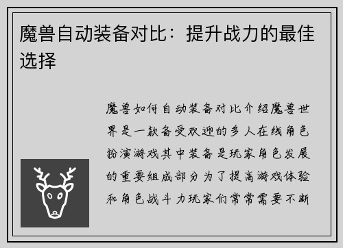 魔兽自动装备对比:提升战力的最佳选择