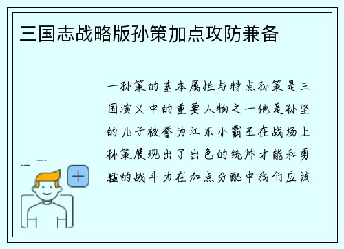 三国志战略版孙策加点攻防兼备